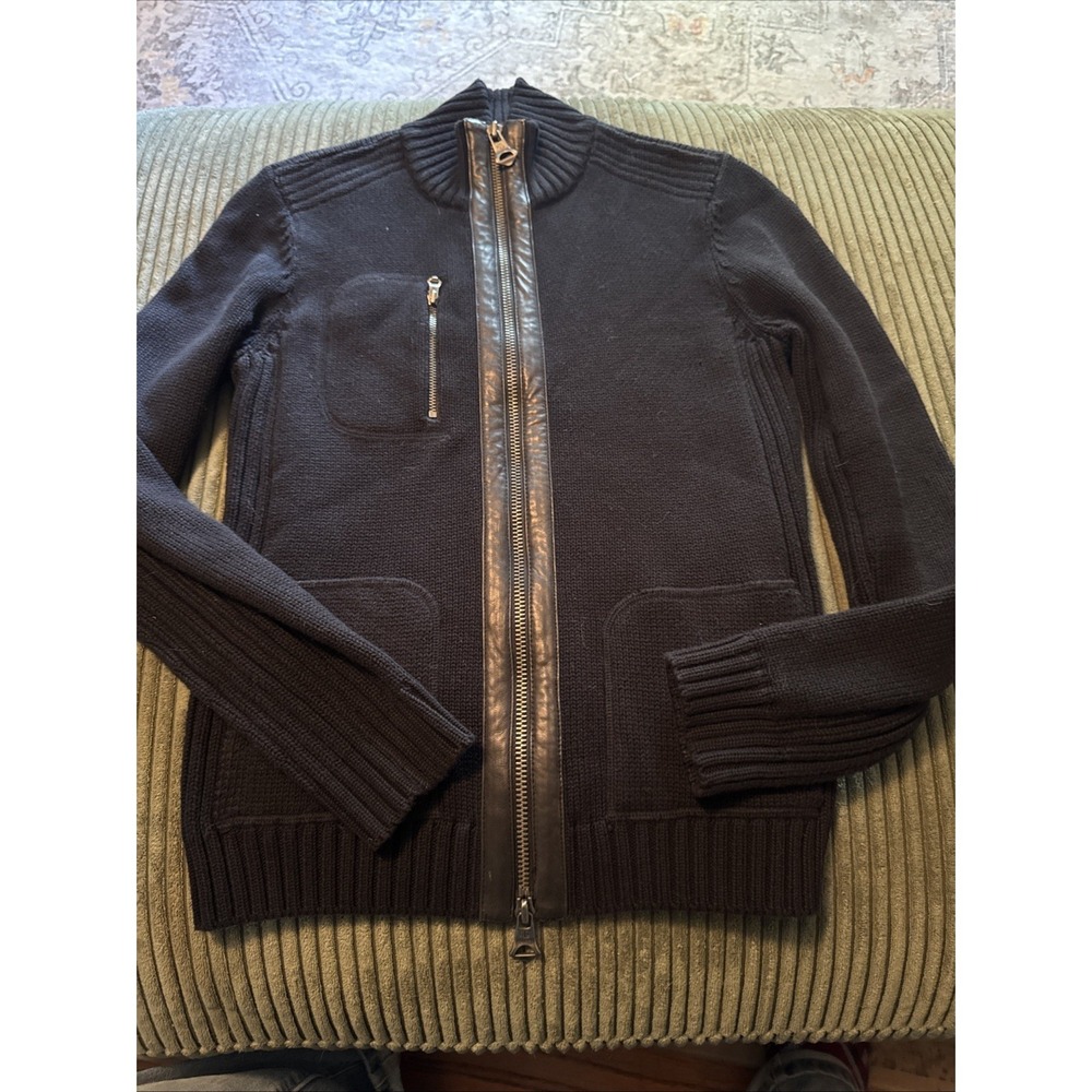 Lauren Ralph Lauren Size S BLACK 100% Cotton -Leather Trimmed Zip Up Cardigan